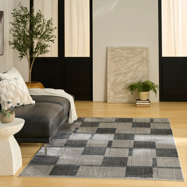 Nourison Nordic NRC09 Scandinavian Design Grey Black Geometric Textured Checked Rug - Medium 122x183 cm (4'x6')