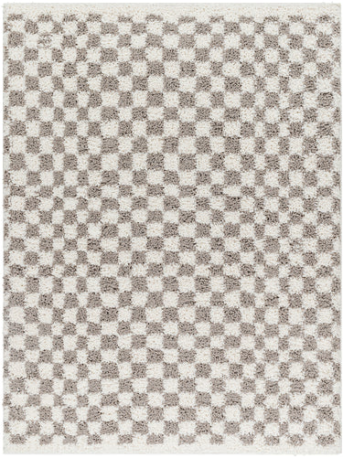 Birmingham Modern Checkboard Soft Plush Pile Shaggy Grey & Ivory Rug - Large Plus 160x213 cm (5'3'' x 7')