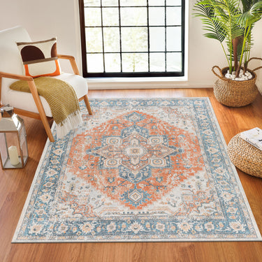 Lillian Traditional Washable Vintage Oriental Orange, Gray & Oatmeal Rug - Design LLL2329