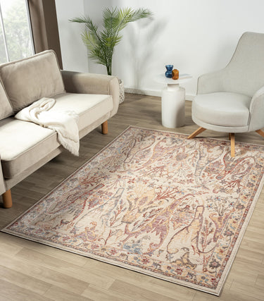 Alia 697GC Short Pile Silky Beige Rose Polypropylene Traditional Floral Bordered Rug - Medium 120x170 cm (4'x5'6")