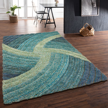 3D Stella Silky Living Shaggy Geometric Textured Rug - Blue