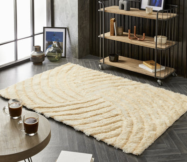 Origins Dallas Soft Thick Pile Champagne Cream Hand-Carved Shaggy Abstract Geometric Rug - Small 80x150 cm (2'6"x5')