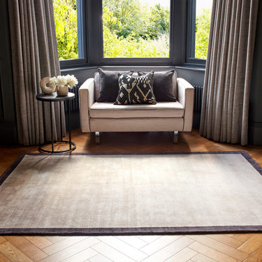 Blade Border Plain Silky Hand Woven Viscose Rug in Putty Cream with Charcoal Border - Medium 120x170 cm (4'x5'6")