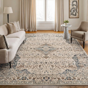 Kashan VKA14 Medallion Ivory Polypropylene Traditional Vintage Floral Rug - 61 x 115 cm (2'x4')