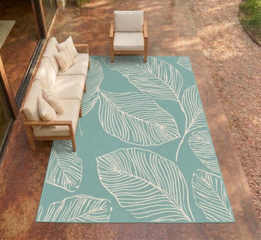 Terrace Leaf Aqua Blue Indoor Outdoor Polypropylene Modern Rug - Small 80x150 cm (2'6"x5')