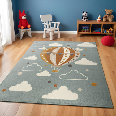 Ankara AKR2359 Kids Playful Air Balloon Nursery Bedroom & Playroom Blue Multi Rug for Child Room - Small 80x150 cm (2'6"x5')