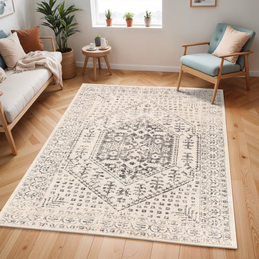 City Vintage Boho Beige Charcoal Washable Jute Polypropylene Oriental Hallway Runner Rug - Large 160 x 220 cm (5'3"x7'2")