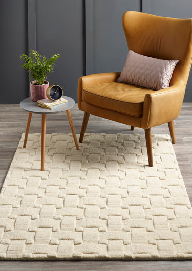 Basketweave 3D Ivory Handmade Wool Geometric Rug - Small 80x150 cm (2'6"x5')