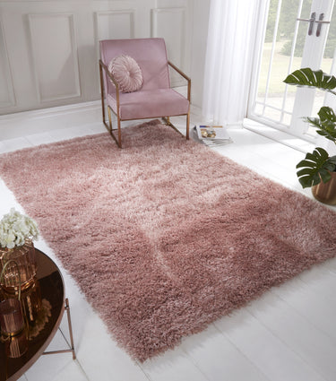 URCO Boston Thick Soft Fluffy Silky Sparkle Blush Pink Handmade Wool Cotton Shaggy Rug - Small 80x150 cm (2'6"x5')
