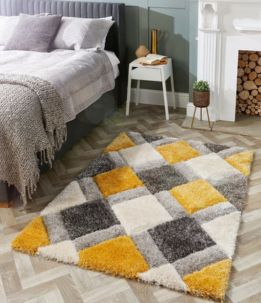 Origins 3D Geo Silky Diamond Ochre Yellow Grey Hand-Carved Shaggy Geometric Rug - X-Small 60x110 cm (2'x3'7")