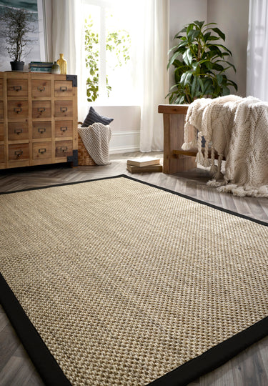 Origins Sisal Border Hand Made Rug Modern Natural Jute Rug in Light Beige with Black Border - Small 80x150 cm (2'6"x5')