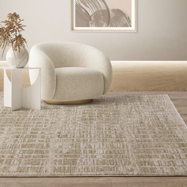 Laurent LA07 Broken Grid Fringed Beige Natural Cotton Abstract Textured Distressed Rug - Medium 120x160 cm (4'x5'4")