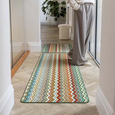 My Mat Stain Resistant Washable Home Entrance, Kitchen, Hallway, Entryway Non-Slip Rug Candy Zigzag in Multi Green - Runner 67x200 cm (2'2"x6'7")