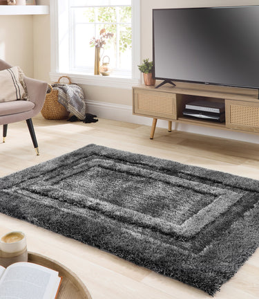 Origins Frame Tufted Silky Thick Charcoal Grey Shaggy Bordered Modern Hallway Runner Rug - Medium 120x170 cm (4'x5'6")