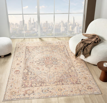 Alia 524AK Short Pile Beige Blue Polypropylene Traditional Floral Rug - Medium 120x170 cm (4'x5'6")