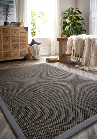 Origins Sisal Border Hand Made Rug Modern Natural Jute Rug in Dark Grey with Grey Border - Small 80x150 cm (2'6"x5')