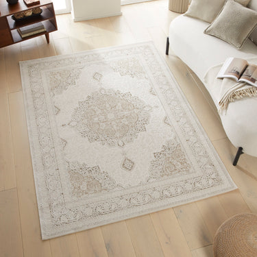 Olivia OLI103 Bordered Medallino Traditional Rug in Cream Khaki - 120 x 180 cm (3'11"x5'11")
