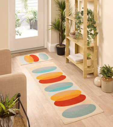 Floormatters Washable Runner and Doormat Set Loop Retro Lead Geometric Anti-Slip Mat in 40x60 & 50x150 cm
