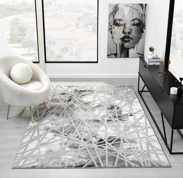Bianco 185TA Modern Marbled Abstract Dark Grey Silver Rug & Hall Runner - Large 160x225 cm (5'3"x7'6")