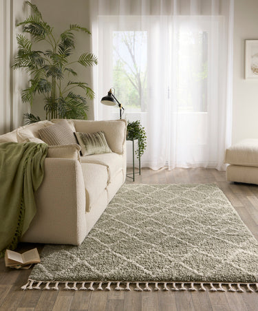 Casablanca Eucalyptus Green Ivory By Polypropylene Shaggy Moroccan Geometric Rug - Small 80x150 cm (2'6"x5')