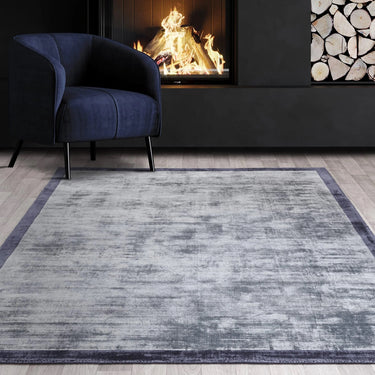 Blade Border Plain Silky Hand Woven Viscose Rug in Airforce Blue with Navy Border - Medium 120x170 cm (4'x5'6")