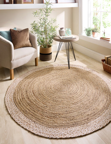 Braid Stitched Natural White Indoor Outdoor Handmade Jute Braided Rug - Circle 150x150 cm (5'x5')
