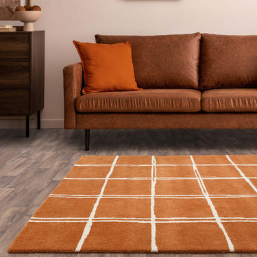 Asiatic London Albany Grid Checkered Lines Orange Rust Wool Traditional Geometric Checked Rug - Small 80x150 cm (2'6"x5')
