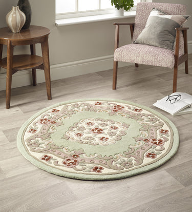 Origins Aubusson Shensi Traditional Wool Round, Hallway, Halfmoon Rug in Green - Circle 120x120 cm (4'x4')