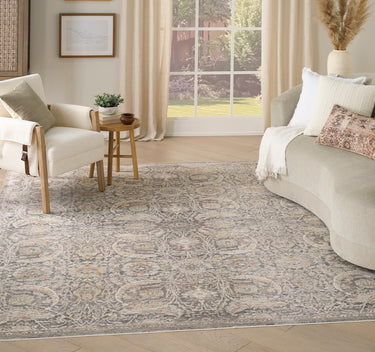 Nourison Antique Fusion ANF03 Fringed Bordered Charcoal Grey Traditional Vintage Abstract Floral Rug - Large 160x239 cm (5'3"x7'10")