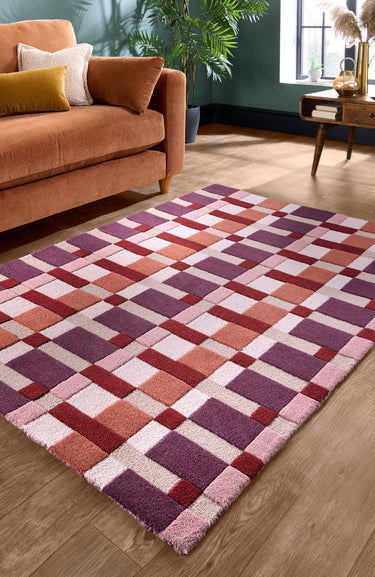 Sienna Weave Rug Modern Geometric Hand-Carved Soft 100% Wool Area Rug in Purple Ivory Rust Terracotta - Large 160x230 cm (5'3"x7'7")