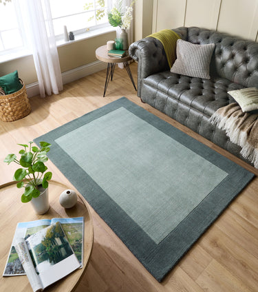 Origins Borders Hand Loom Woven Wool Bordered Rug Hallway in Sage Green - Small 80x150 cm (2'6"x5')
