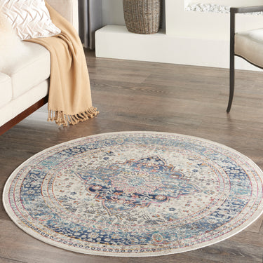 Kashan VKA07 Medallion Bordered Classic Ivory Blue Polypropylene Persian Traditional Vintage Rug - Round 183x183 cm (6'x6')