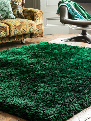 Plush Plain Shaggy High Pile Thick Silky Fluffy Soft Hand Woven Green Rug - Small 70x140 cm (2'3"x4'7")