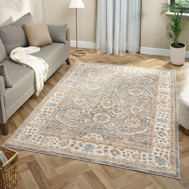 Alia Viana Grey Cream Traditional Floral Bordered Rug - Medium 120x170 cm (4'x5'6")