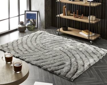 Origins Dallas Soft Thick Pile Silver Hand-Carved Shaggy Abstract Geometric Rug - Small 80x150 cm (2'6"x5')