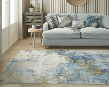 Consept Looms Lux LUX04 Machine Blue Gold Washable Non-Slip Abstract Geometric Rug - Medium 120x180 cm (4'x6')