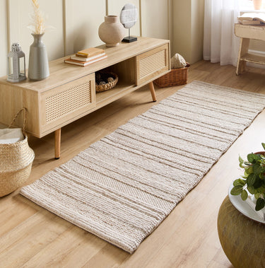 Chunky Knit Natural Cream Braided Hand-Woven Wool Traditional Textured Hallway Runner Rug - 67x200cm (2'2''x6'7'') Runner