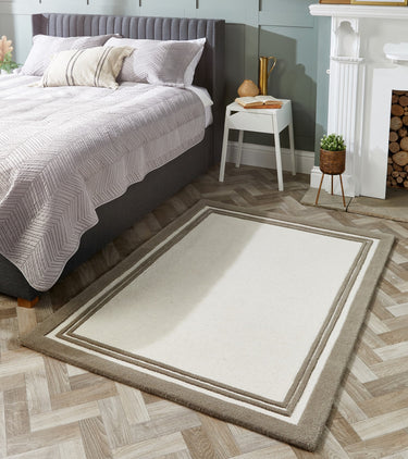 Origins Piper Framed Tufted Taupe Cream Hand-Loomed Wool Textured Bordered Rug - Small 80x150 cm (2'6"x5')