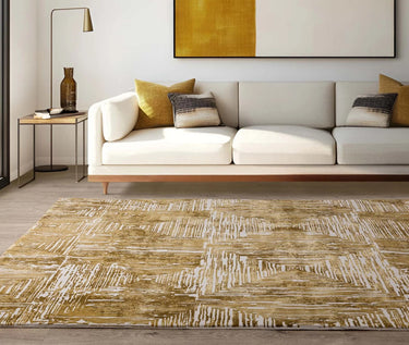 Asiatic London Kuza Portrait New Linear Pattern Gold Yellow Polypropylene Abstract Textured Distressed Rug - Small 80x150 cm (2'6"x5')