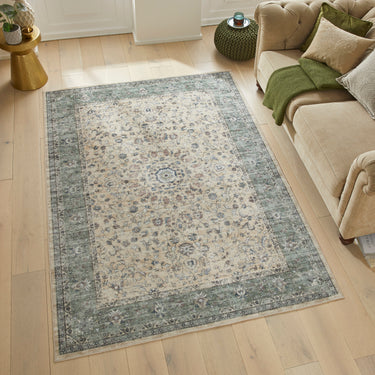Consept Looms Liberty Classic Velvet LIB208 Cream Green Washable Non-Slip Traditional Rug - Medium 120x180 cm (4'x6')