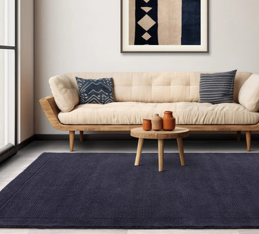 York 100% Wool Rug Hand Made Modern Plain Bordered Rug in Navy Blue - Medium 120x170 cm (4'x5'6")