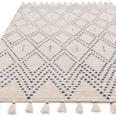 Nepal Cream Blue Diamond Bohomian Berber Hand Woven Wool Fringed Rug - Medium 120x170 cm (4'x5'6")