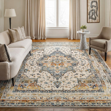 Kashan VKA12 Medallion Ivory Sage Green Polypropylene Traditional Vintage Floral Rug - 61 x 115 cm (2'x4')