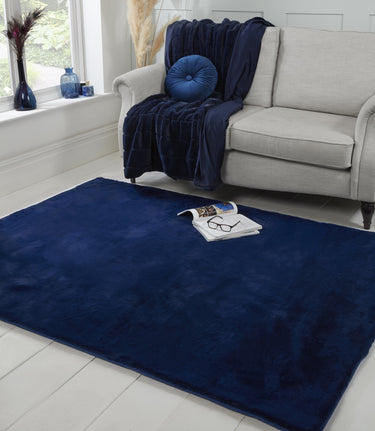 URCO Luxe Faux Fur Super Navy Blue Shaggy Textured Plain Rug - X-Small 60x100 cm (2'x4')