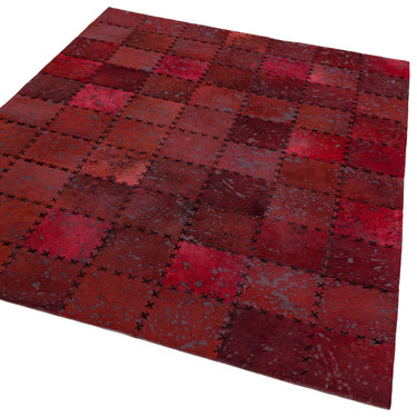 Asiatic London Xylo Red Cross Stitch Patchwork Cowhide Leather Handmade Geometric Textured Rug - Medium 120 x 170 cm (4'x5'6")