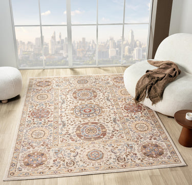 Alia 893GC Short Pile Beige Brown Polypropylene Traditional Floral Bordered Rug - Medium 120x170 cm (4'x5'6")