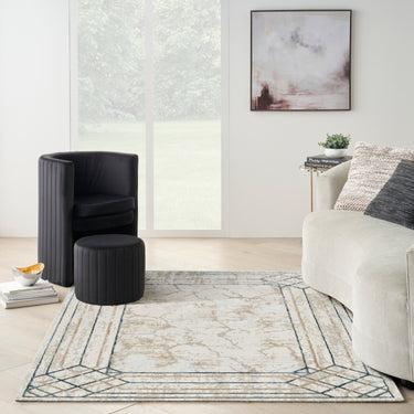 Glitz GLZ03 Frame Soft Silky Ivory Taupe Abstract Geometric Textured Bordered Rug - Medium 119x180 cm (3'11"x5'11")