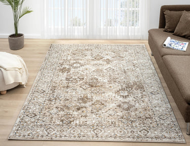 550AC Cream Beige Traditional Vintage Textured Bordered Hallway Runner Rug - Small 80x150 cm (2'6"x5')