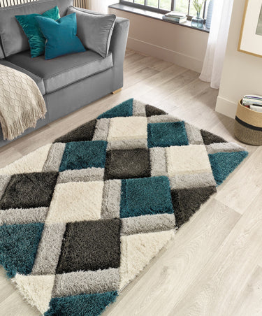 Origins 3D Geo Silky Diamond Teal Blue Hand-Carved Shaggy Geometric Rug - X-Small 60x110 cm (2'x3'7")