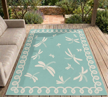 New Terrace Dragonfly Aqua Blue Polypropylene Bordered Modern Rug - XX-Large 240x340 cm (8'x11'2")